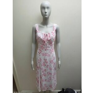 Rihoas Pink Floral Corset Midi Dress Womens XS Lace Up Back Tie Front Sleeveless